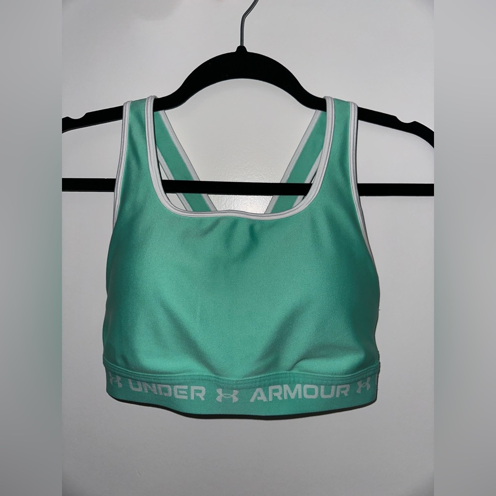 UNDER ARMOUR WOMENS MID CROSSBACK SPORTS BRA IN GREEN/WHITE SIZE L